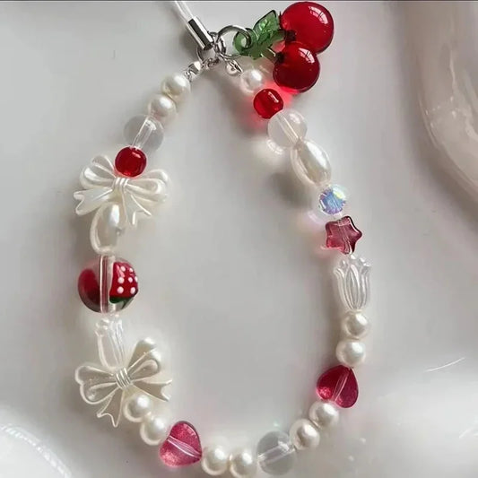 Red Cherry Bow Pearl Phone Charm