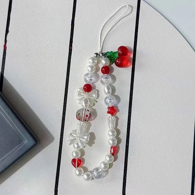 Red Cherry Bow Pearl Phone Charm